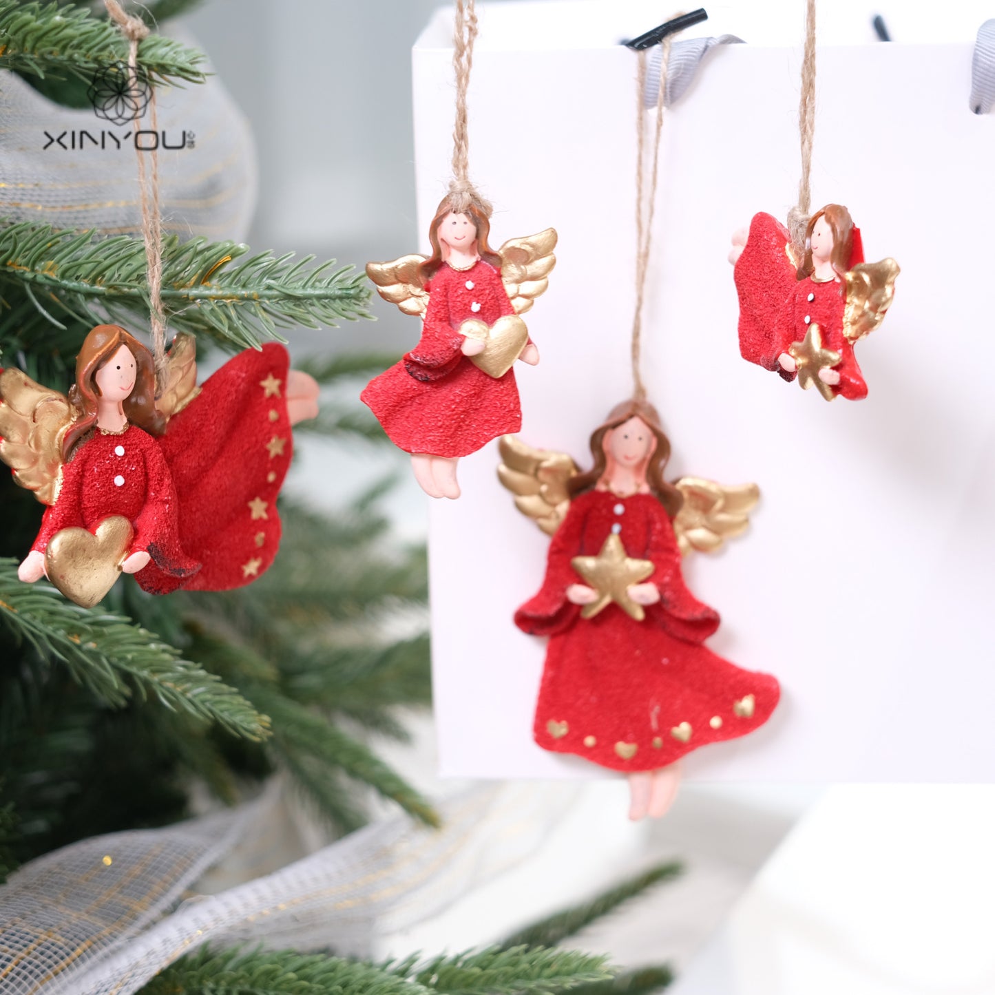 Cute Red Resin Angel Ornament Christmas Tree Decoration Gift Decorative Hanging Charm